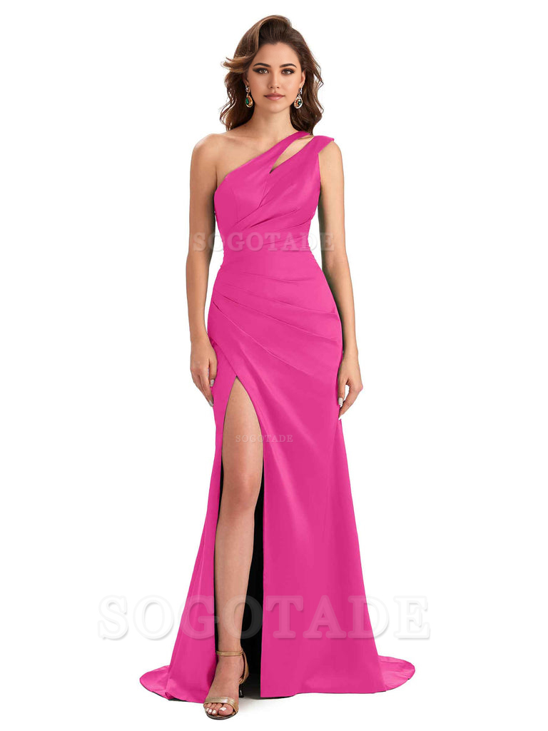 Mermaid One Shoulder Satin Sexy formal dresses evening gown Bridesmaid Dresses With Side Slit 