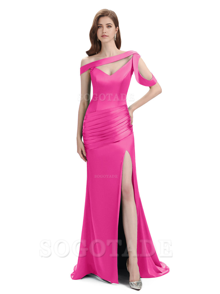 Mermaid V-Neck Satin Floor-Length formal dresses evening gown Bridesmaid Dresses With Side Slit 