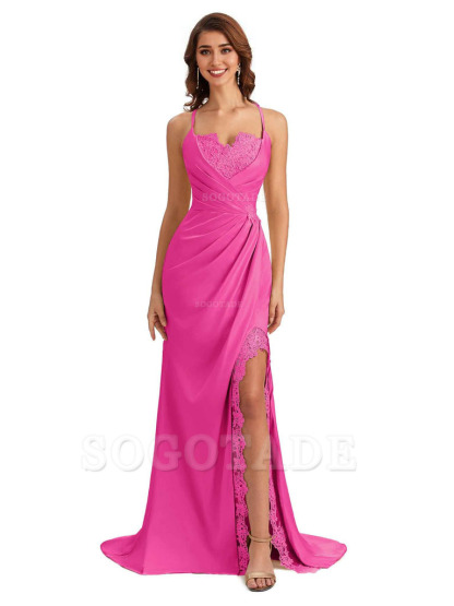 Sexy Side Slit Spaghetti Straps Lace Mermaid Silky Satin Wedding Guest Dresses