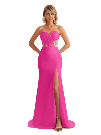 Sexy Sweetheart Strapless Side Slit Mermaid Soft Satin Unique Long Bridesmaid Dress For Wedding
