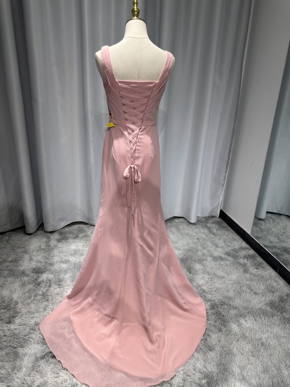 Sheath Cowl Neck Sleeveless Chiffon Bridesmaid Dresses With Slit and Ruffles
