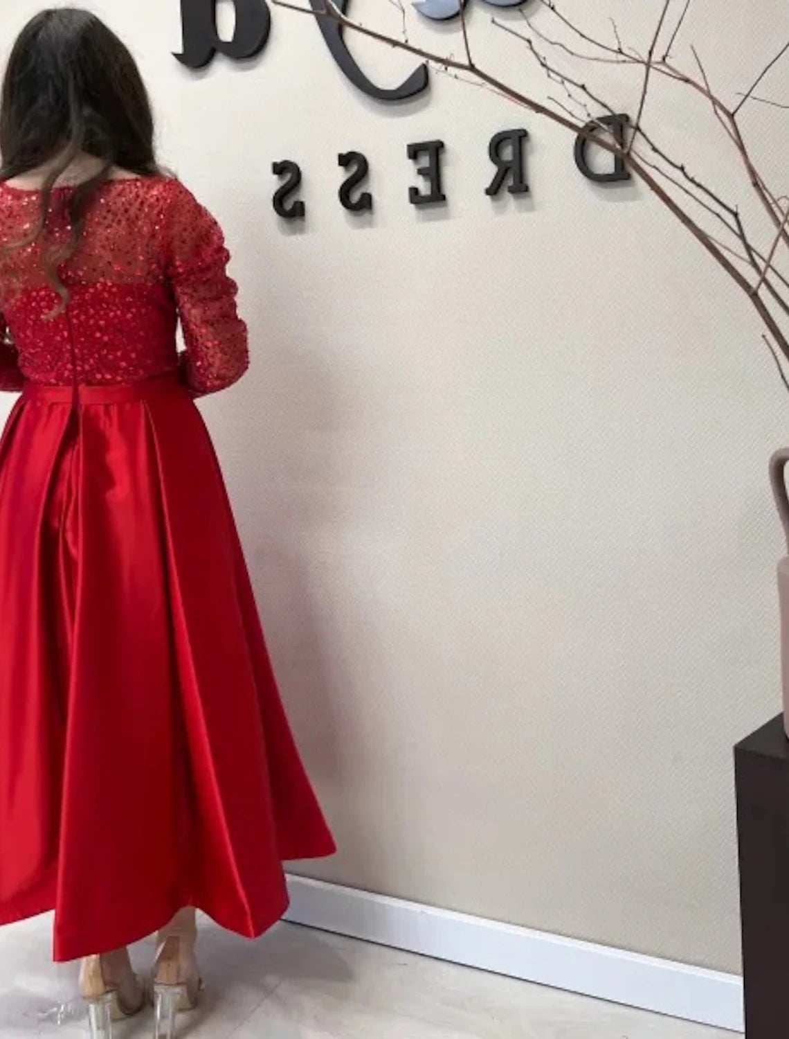 A-Line Evening Gown Sparkle Dress Formal Wedding Ankle Length Long Sleeve Jewel Neck Fall Wedding Guest Satin with Pearls Sequin-SOGOTADE