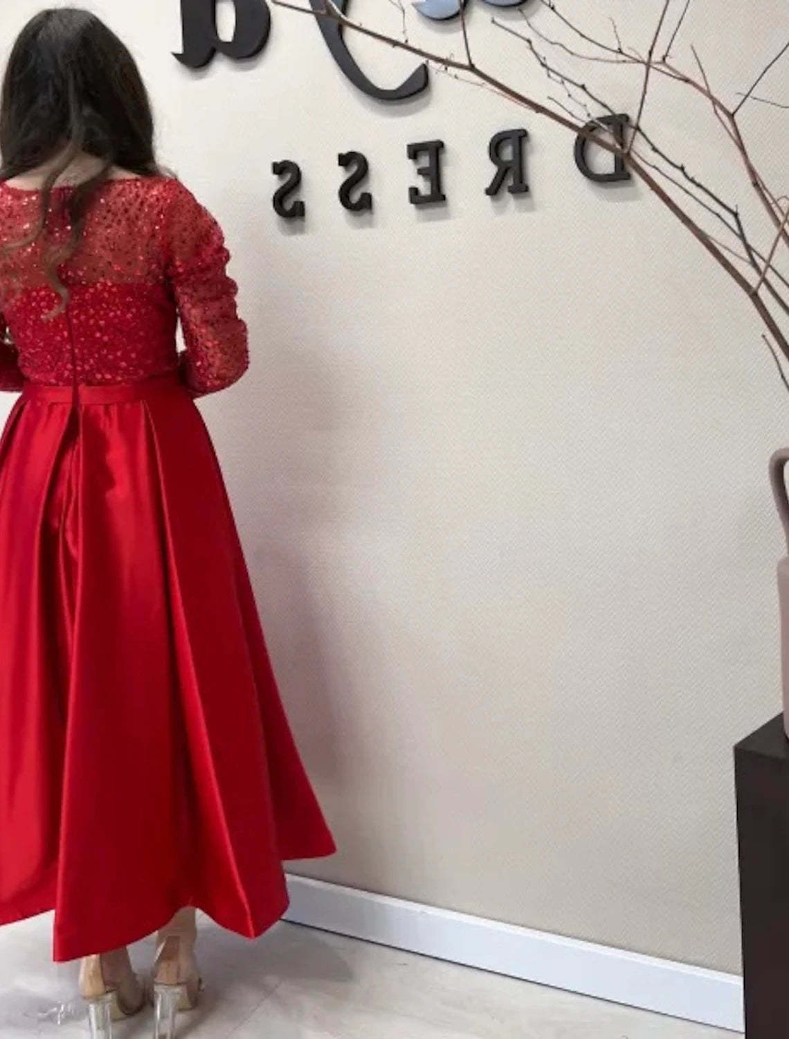 A-Line Evening Gown Sparkle Dress Formal Wedding Ankle Length Long Sleeve Jewel Neck Fall Wedding Guest Satin with Pearls Sequin-SOGOTADE