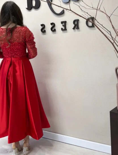 A-Line Evening Gown Sparkle Dress Formal Wedding Ankle Length Long Sleeve Jewel Neck Fall Wedding Guest Satin with Pearls Sequin-SOGOTADE