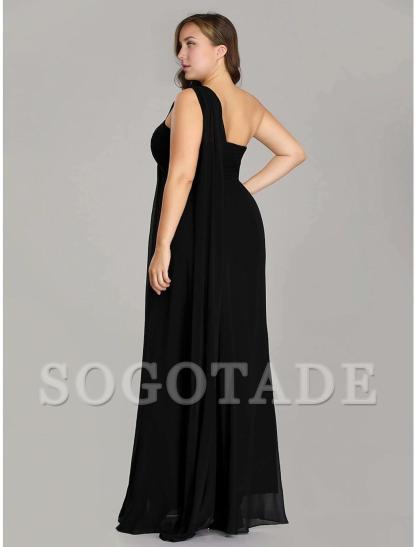 A-Line Evening Gown Empire Dress Formal Evening Floor Length Sleeveless One Shoulder Bridesmaid Dress Chiffon Backless with Pleats Draping-SOGOTADE