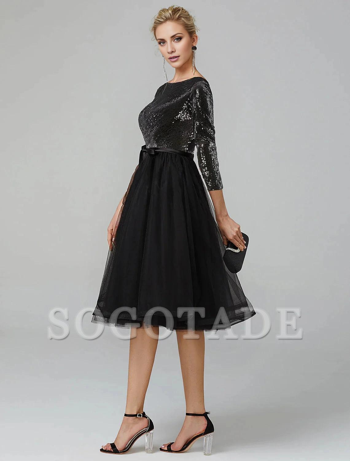 A-Line Cocktail Dresses Sparkle & Shine Dress Formal Wedding Guest Tea Length 3/4 Length Sleeve Jewel Neck Fall Wedding Guest Tulle with Sequin Strappy-SOGOTADE