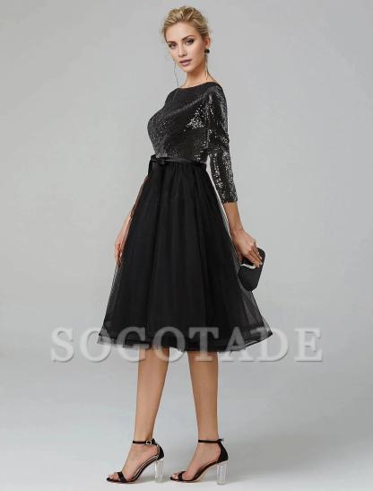 A-Line Cocktail Dresses Sparkle & Shine Dress Formal Wedding Guest Tea Length 3/4 Length Sleeve Jewel Neck Fall Wedding Guest Tulle with Sequin Strappy-SOGOTADE