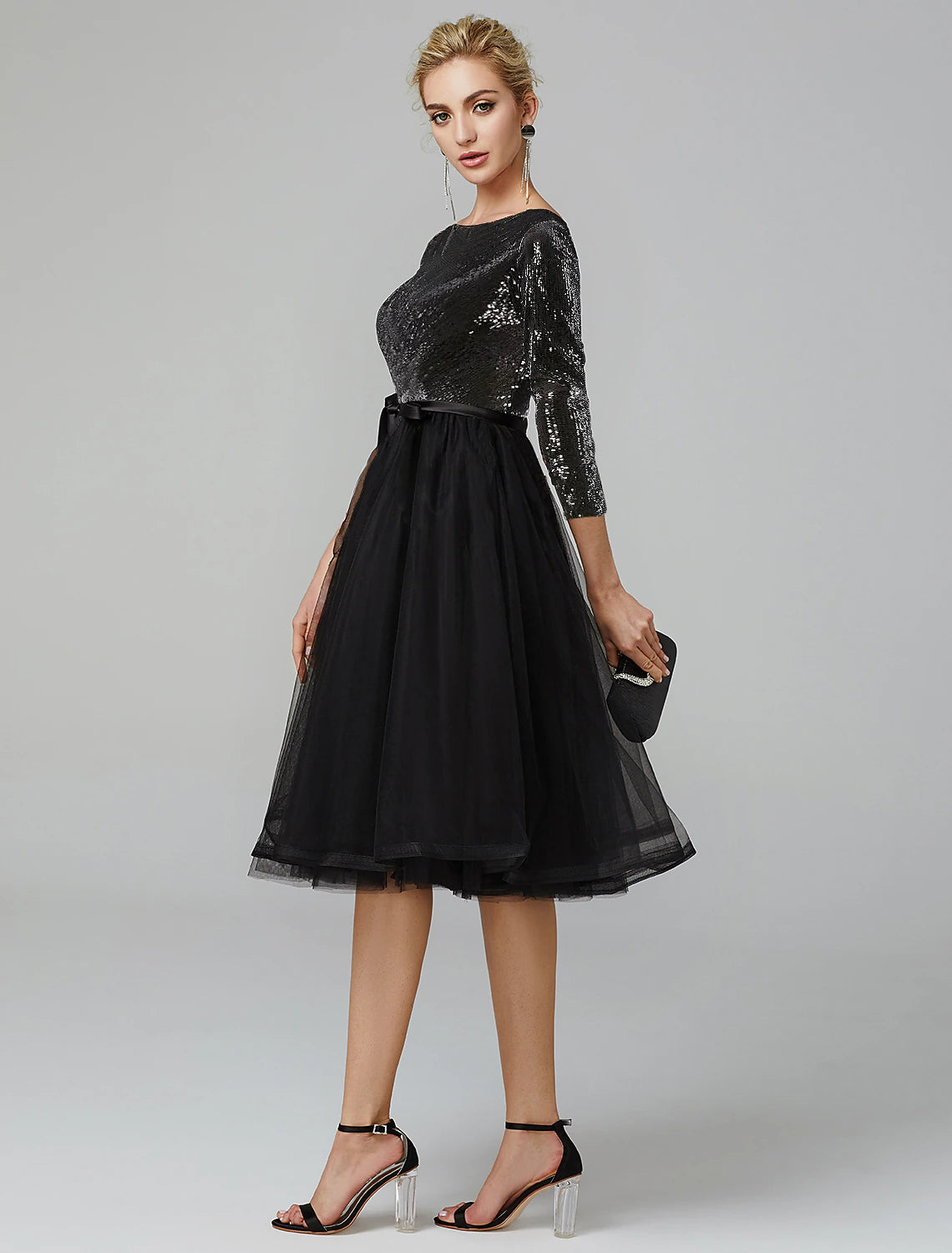 A-Line Cocktail Dresses Sparkle & Shine Dress Formal Wedding Guest Tea Length 3/4 Length Sleeve Jewel Neck Fall Wedding Guest Tulle with Sequin Strappy 2024-SOGOTADE