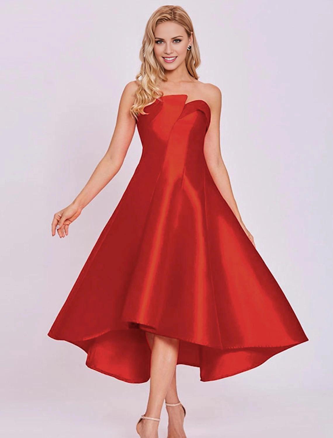 A-Line Cocktail Dresses Minimalist Dress Homecoming Wedding Guest Tea Length Sleeveless Strapless Satin with Sleek-SOGOTADE