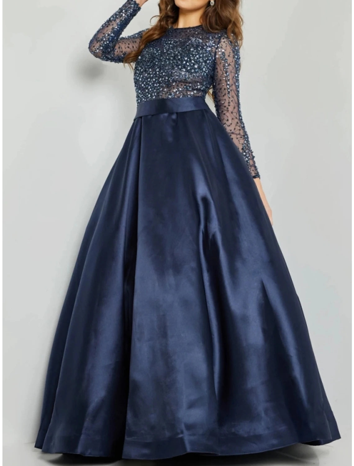 A-Line Evening Gown Sparkle & Shine Dress Formal Wedding Guest Floor Length Long Sleeve Jewel Neck Sequined with Glitter Pleats 2024-SOGOTADE