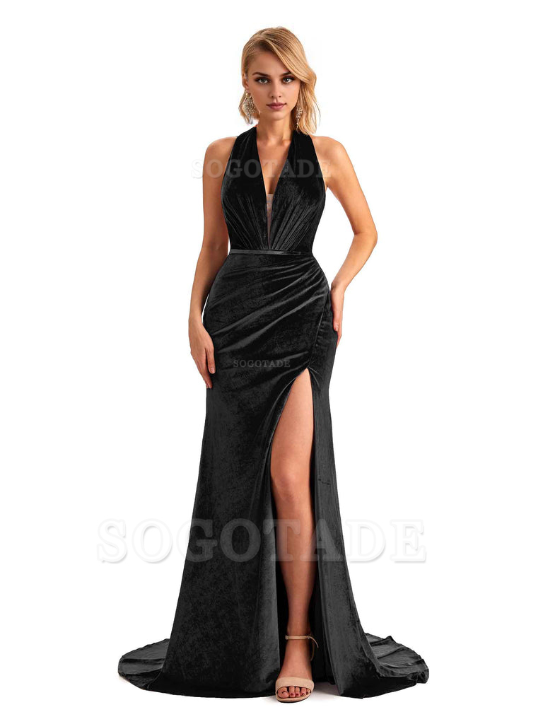 Sexy Deep V Neck Backless Mermaid Halter Side Slit Velvet Long Bridesmaid Dresses Online