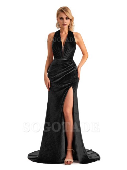 Sexy Deep V Neck Backless Mermaid Halter Side Slit Velvet Long Bridesmaid Dresses Online