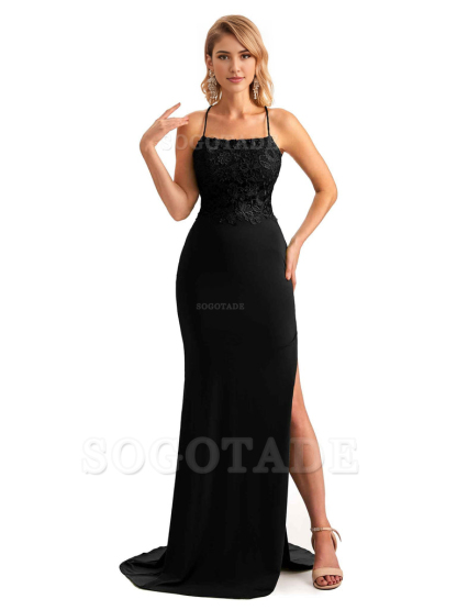 Sexy Side Slit Spaghetti Straps Open Back Mermaid Lace Applique Long Formal Bridesmaid Dresses