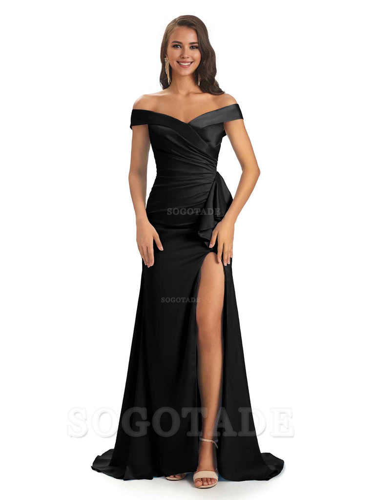 Sexy Soft Satin Side Slit Off The Shoulder Maxi Long Mermaid Bridesmaid Dresses prom shop dresses