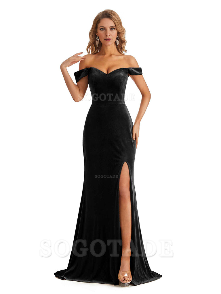 Elegant Simple Mermaid Off The Shoulder Backless Side Slit Velvet Long Charming Bridesmaid Dresses Formal Women's Dresses Wedding Guests Dresses