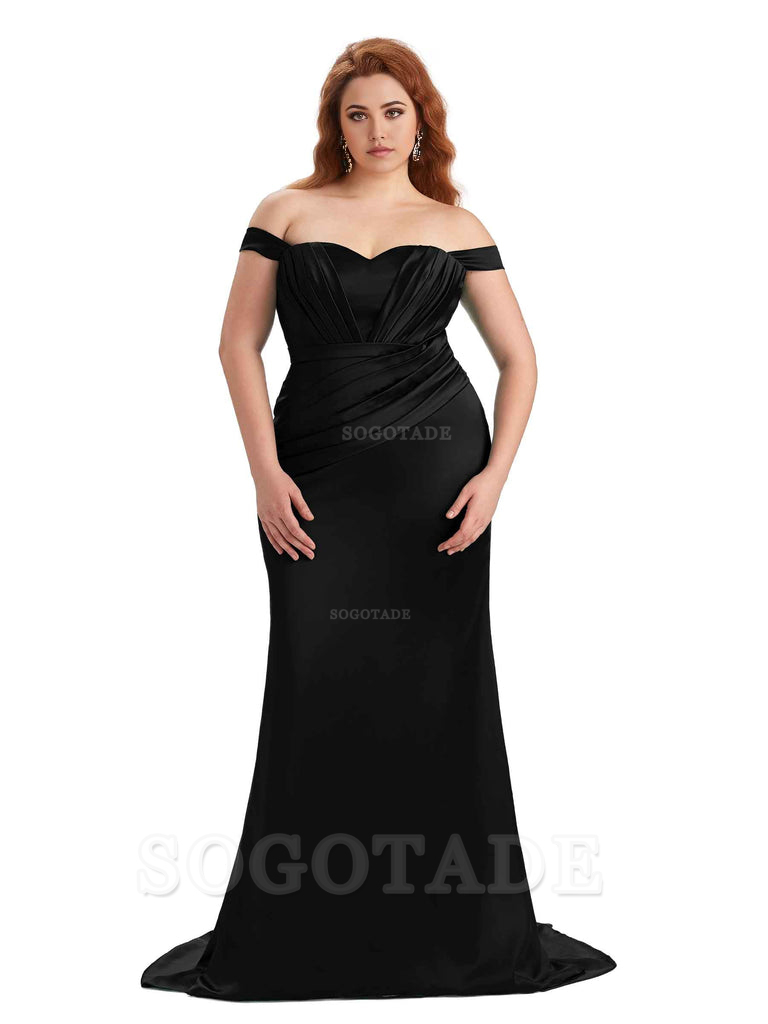 Sexy Mermaid Off The Shoulder Sweetheart Soft Satin Floor Length Long Plus Size Maid of Honor Dresses