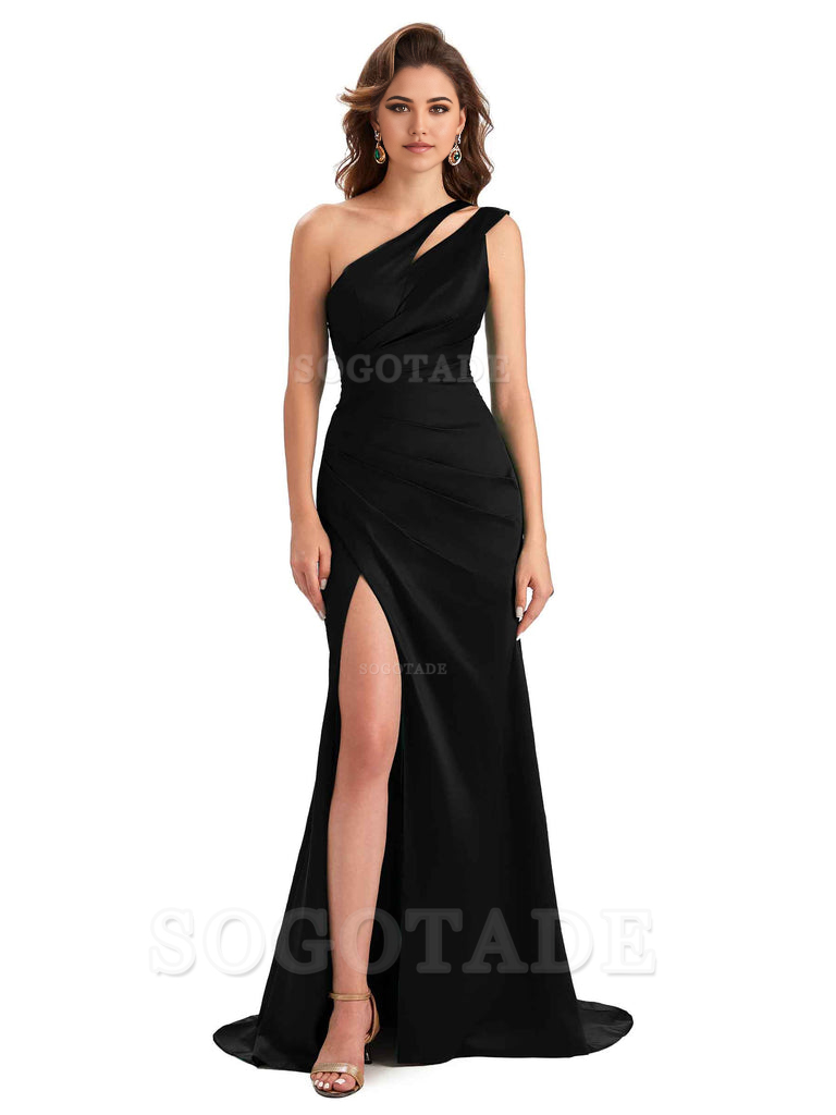 Mermaid One Shoulder Satin Sexy formal dresses evening gown Bridesmaid Dresses With Side Slit 