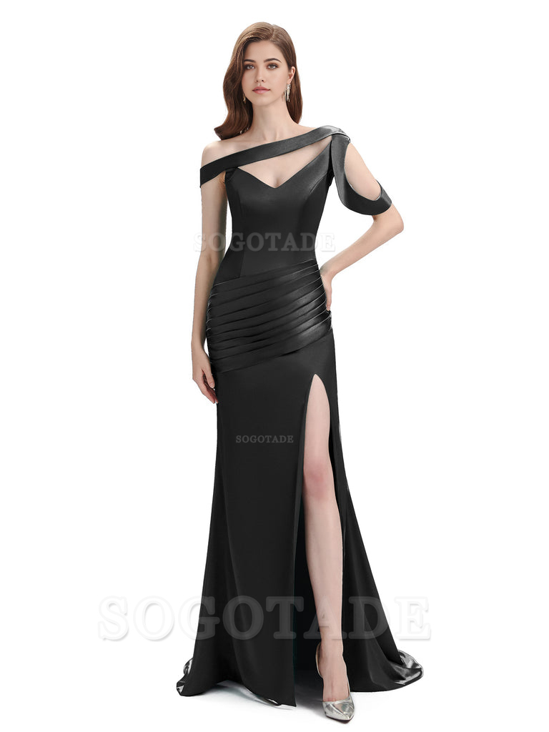 Mermaid V-Neck Satin Floor-Length formal dresses evening gown Bridesmaid Dresses With Side Slit 