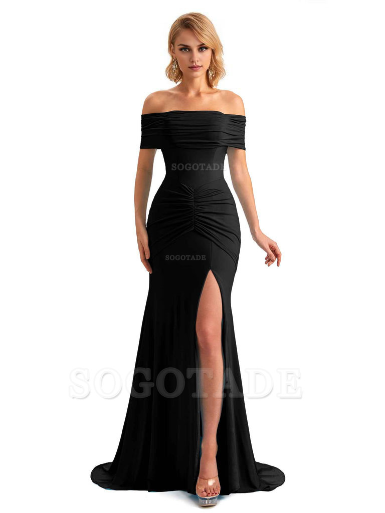 Elegant Mermaid Off The Shoulder Side Slit Stretchy Jersey Long Formal Bridesmaid Dresses