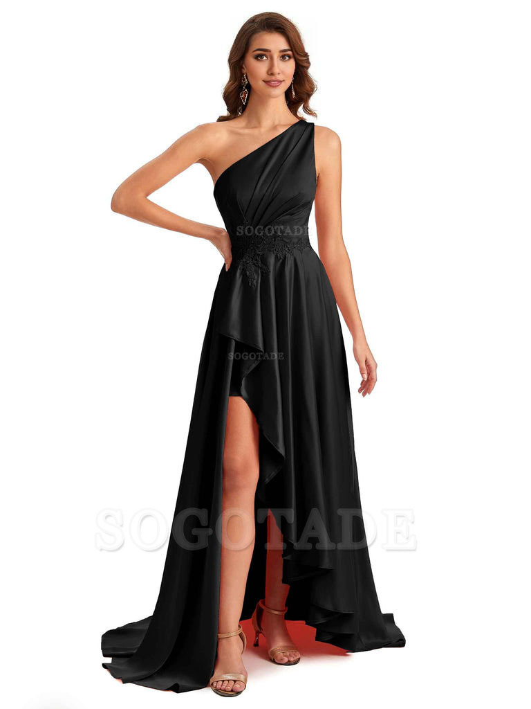 Sexy One Shoulder A-Line High Low Silky Satin Lace Long Formal Wedding Guest Dresses