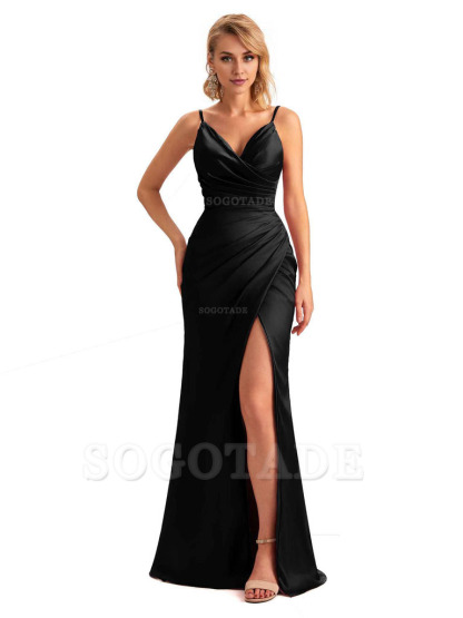 Sexy Side Slit V-Neck Mermaid Silky Satin Unique Long Formal Ladies Bridesmaid Dresses