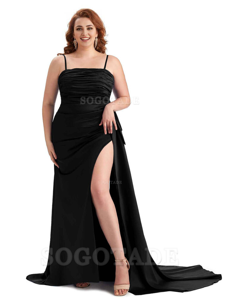 Sexy Side Slit Spaghetti Straps Mermaid Soft Satin Long Plus Size Bridesmaid Dresses Online