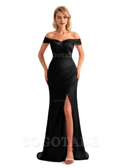 Off Shoulder Side Slit Mermaid Silky Satin Unique Long Formal Wedding Guest Dresses Online
