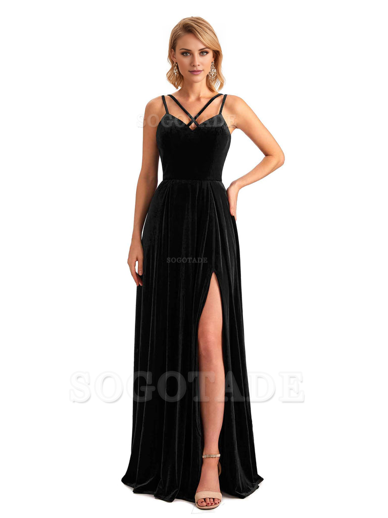 Sexy Side Slit Spaghetti Straps Unique Velvet Long Bridesmaid Dresses Online