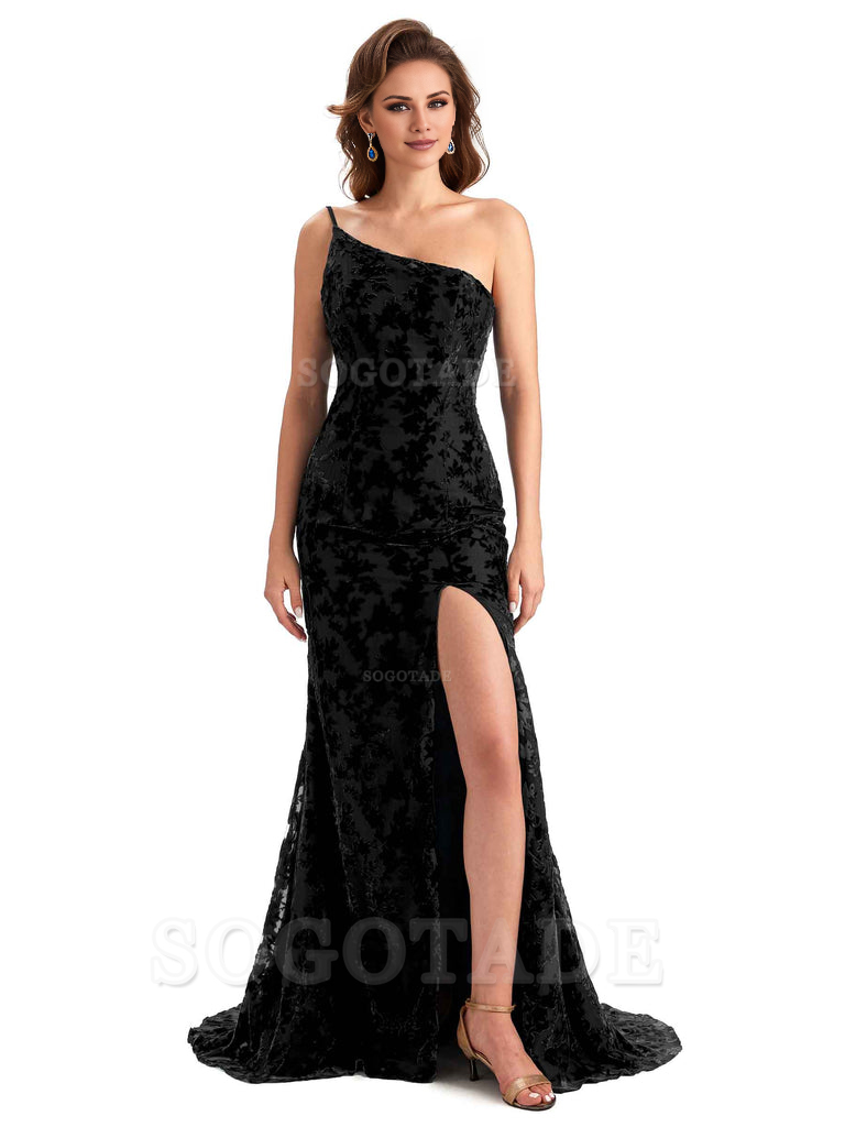 Sexy Magnetic Side Slit Spaghetti Straps Mermaid Floral Velvet Long High Quality Bridesmaid Dresses Formal Women's Dresses Wedding Guests Dresses