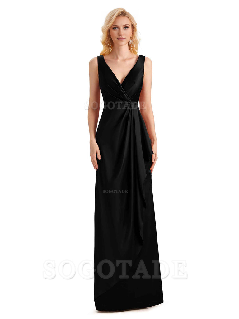 V Neck Elegant Soft Satin Formal Long Maid Bridesmaid Dresses Formal Wear Dresses