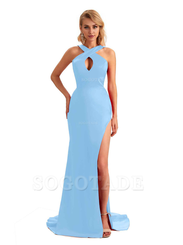 Sexy Side Slit Halter Mermaid Silky Satin Unique Long Formal Wedding Bridesmaid Dresses