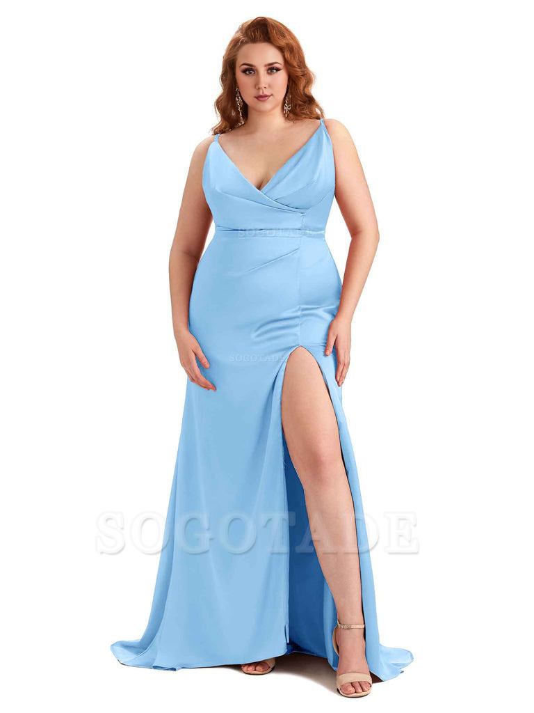 Sexy Side Slit Spaghetti Straps Mermaid Soft Satin Fashion Bridesmaid Dresses