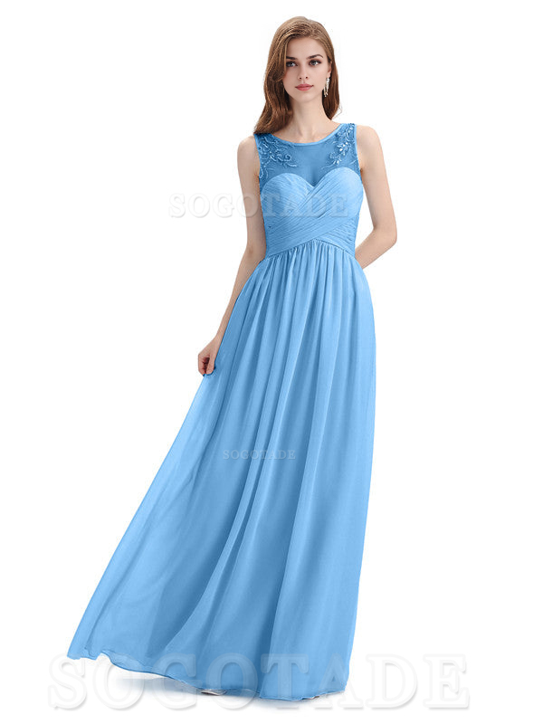 Elegant A-Line Chiffon Sleeveless Ruched Long Simple Bridesmaid Dresses Formal Women's Dresses Wedding Guests Dresses