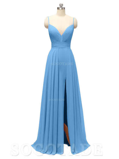 Honest Chiffon Spaghetti Straps Slit Long Bridesmaid Dresses prom shop dresses