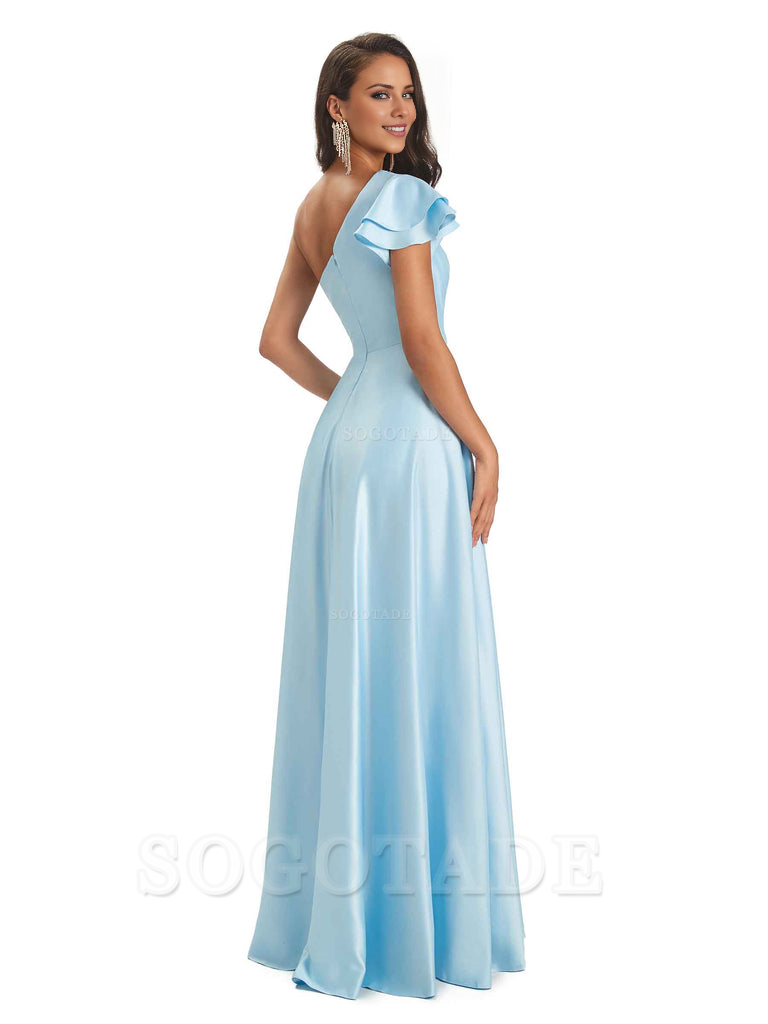 A-Line One Shoulder Ladies Long Bridesmaid Dresses Soft Satin Side Slit Elegant Evening Party Dress