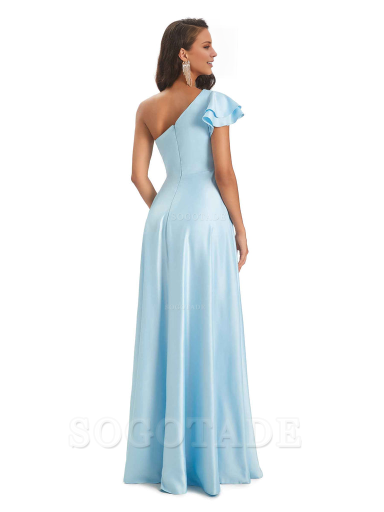 A-Line One Shoulder Ladies Long Bridesmaid Dresses Soft Satin Side Slit Elegant Evening Party Dress