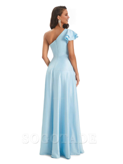 A-Line One Shoulder Ladies Long Bridesmaid Dresses Soft Satin Side Slit Elegant Evening Party Dress