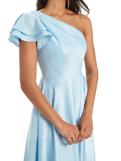 A-Line One Shoulder Ladies Long Bridesmaid Dresses Soft Satin Side Slit Elegant Evening Party Dress