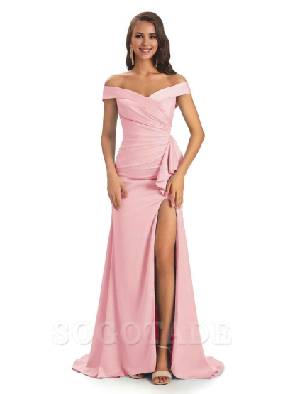 Sexy Soft Satin Side Slit Off The Shoulder Maxi Long Mermaid Bridesmaid Dresses prom shop dresses