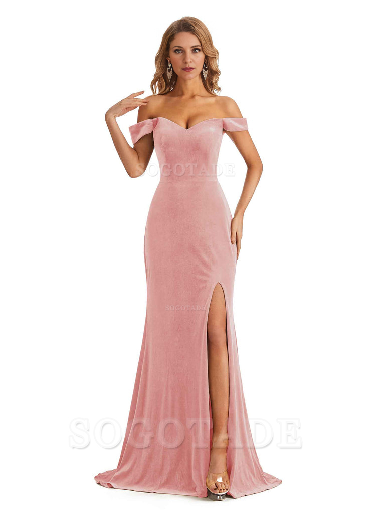 Elegant Simple Mermaid Off The Shoulder Backless Side Slit Velvet Long Charming Bridesmaid Dresses Formal Women's Dresses Wedding Guests Dresses