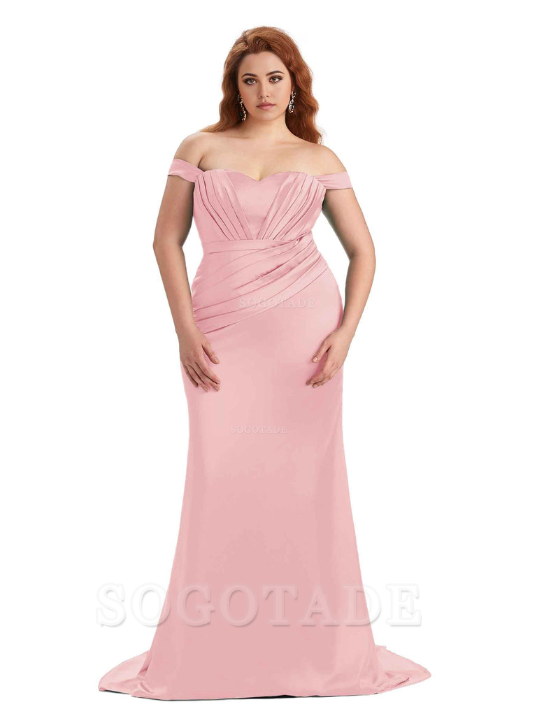 Sexy Mermaid Off The Shoulder Sweetheart Soft Satin Floor Length Long Plus Size Maid of Honor Dresses