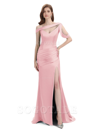 Mermaid V-Neck Satin Floor-Length formal dresses evening gown Bridesmaid Dresses With Side Slit 