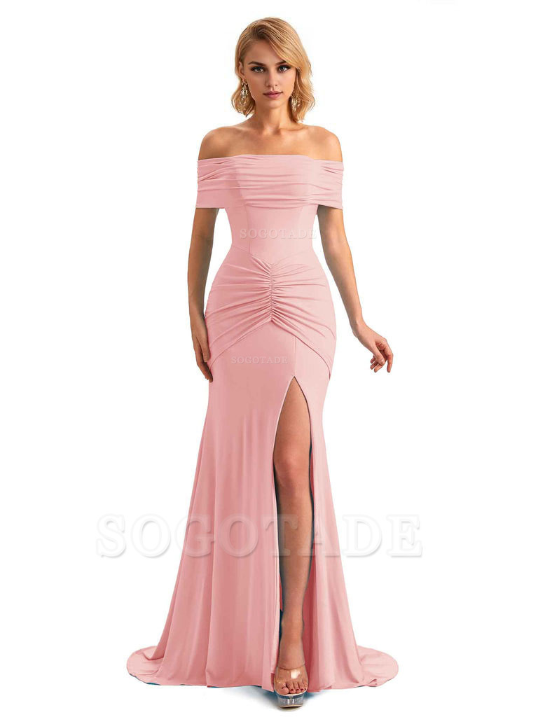 Elegant Mermaid Off The Shoulder Side Slit Stretchy Jersey Long Formal Bridesmaid Dresses