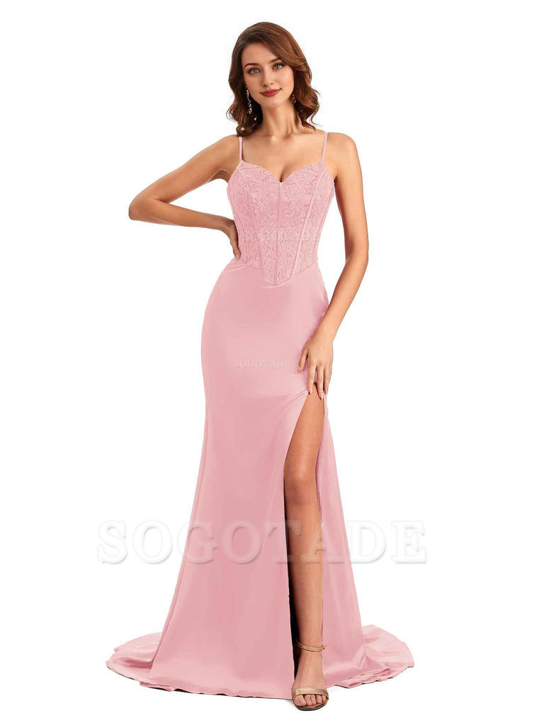 Sexy Side Slit Mermaid Silky Satin V-Neck Lace Unique Long Bridesmaid Dresses