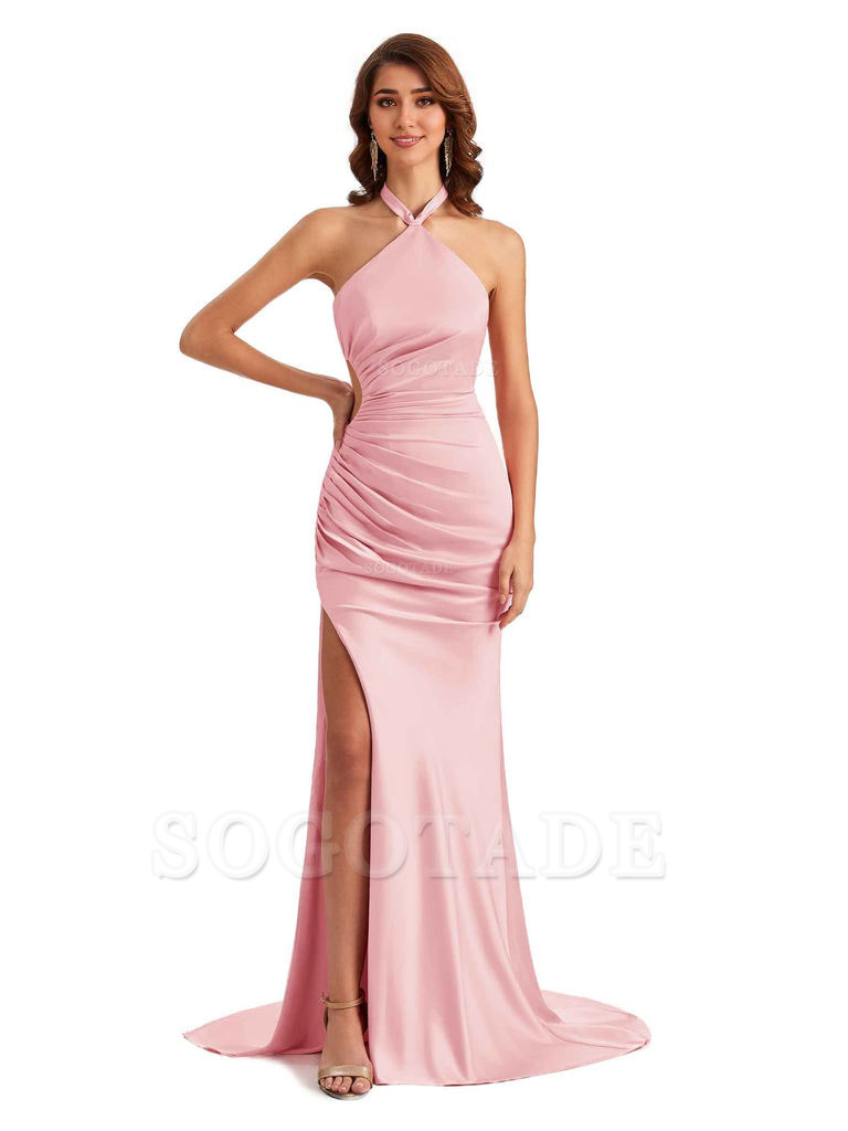Sexy Halter Mermaid Silky Satin Unique Long Formal Wedding Guest Dresses