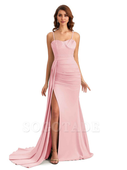Sexy Spaghetti Straps Side Slit Mermaid Unique Long Bridesmaid Dresses In Satin