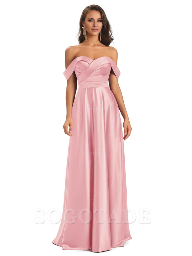 Sexy Soft Satin Off The Shoulder A-Line Long Bridesmaid Dresses Elegant Evening Party Dress