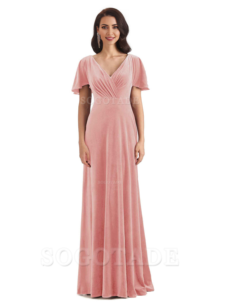 V-Neck Sexy See Through Short Sleeves Lace up Velvet Long Bridesmaid Dresses Formal Women's Dresses Wedding Guests Dresses