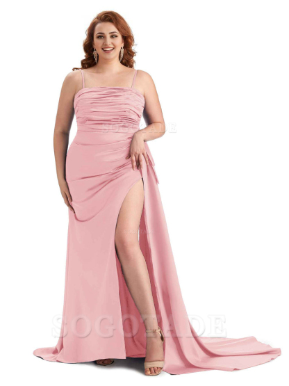 Sexy Side Slit Spaghetti Straps Mermaid Soft Satin Long Plus Size Bridesmaid Dresses Online