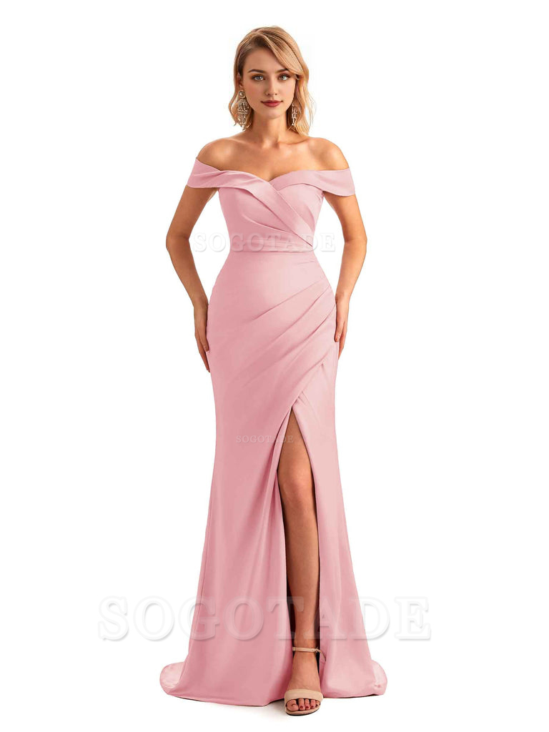 Off Shoulder Side Slit Mermaid Silky Satin Unique Long Formal Wedding Guest Dresses Online